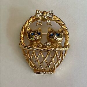 Vintage Gold Cat Brooch with Blue and Clear Accents